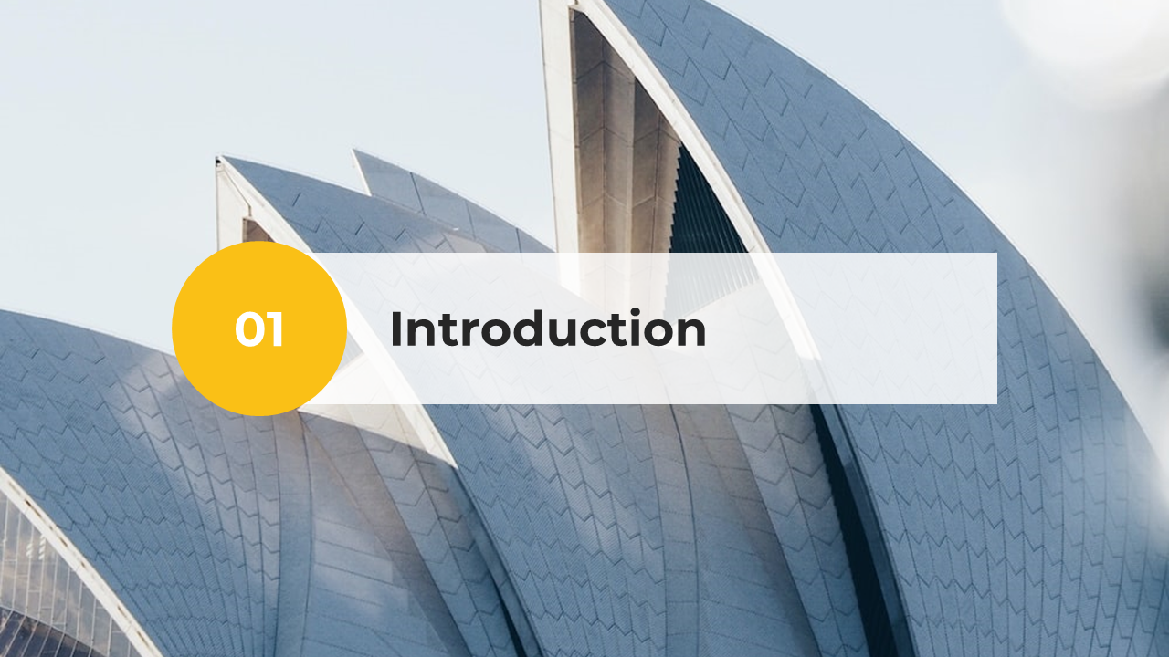 Slide with curved architectural roof and overlay text 01 introduction in a bold design.