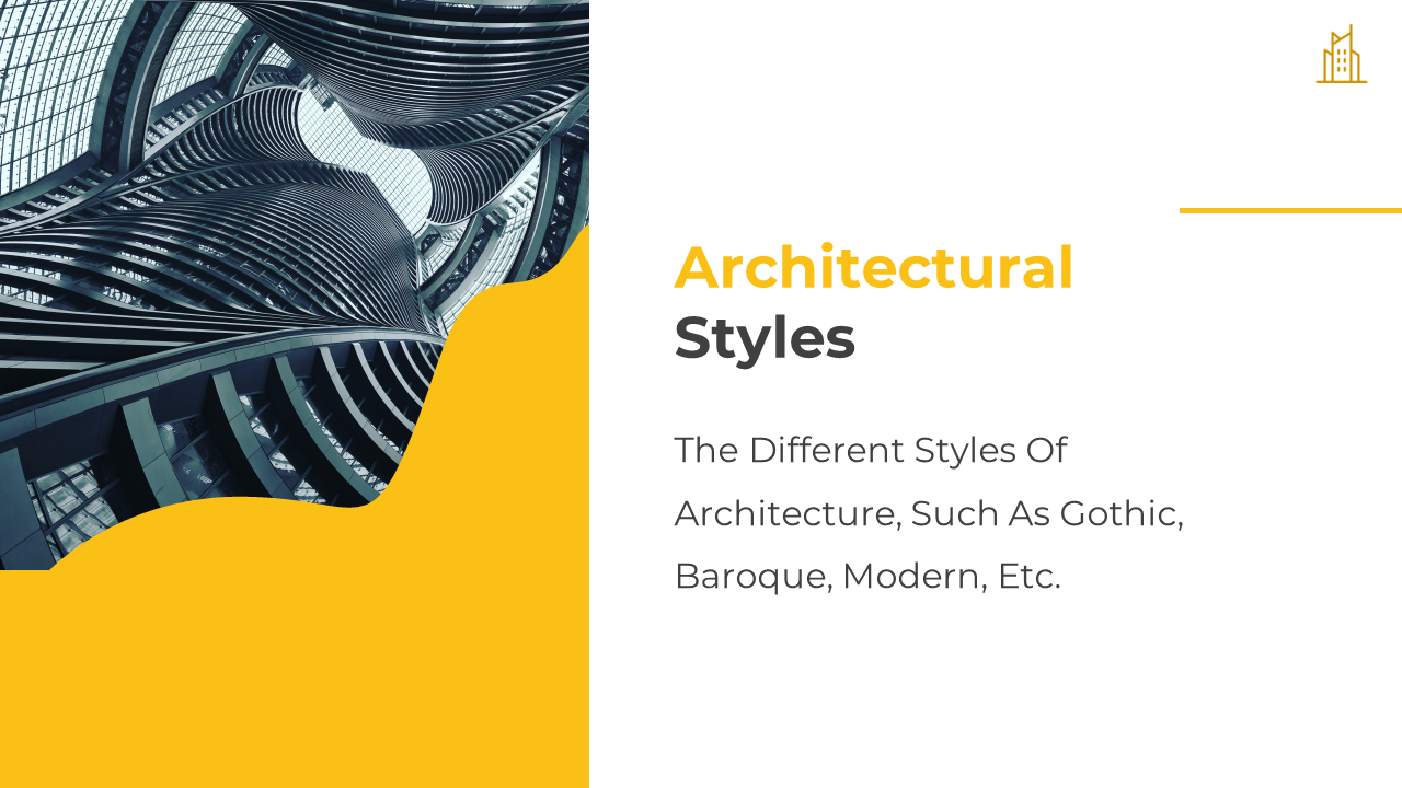 Architectural Styles slide with modern curved building image and text on design types on a yellow and white theme.