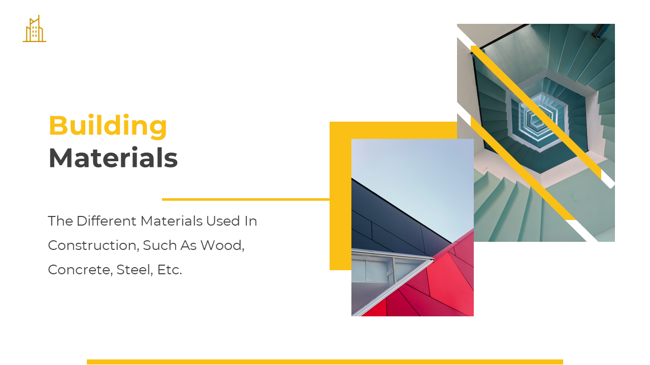 Building Materials slide featuring colorful architectural images and construction material types on a white backdrop.
