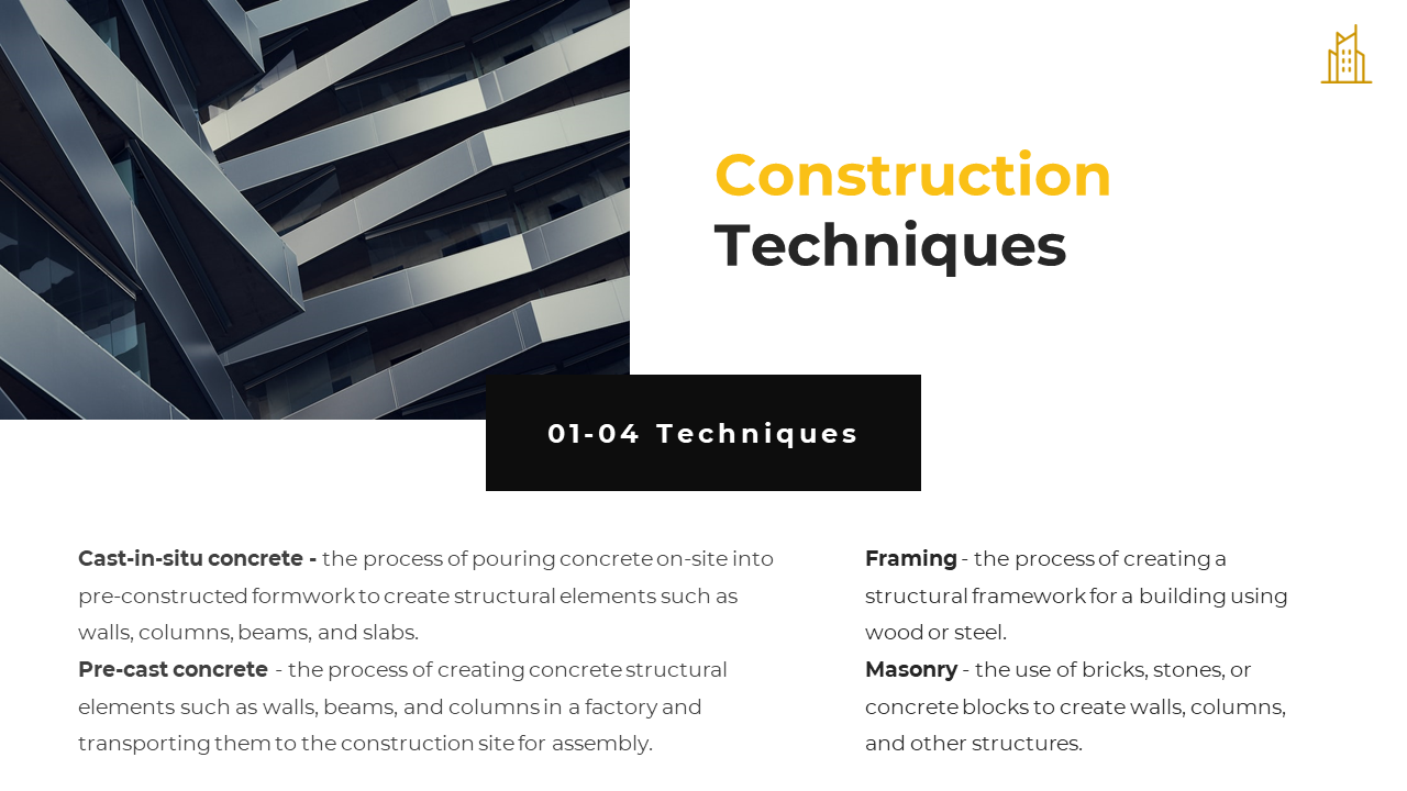 Construction techniques slide with a photo of a modern steel building and definitions of four methods on a white theme.