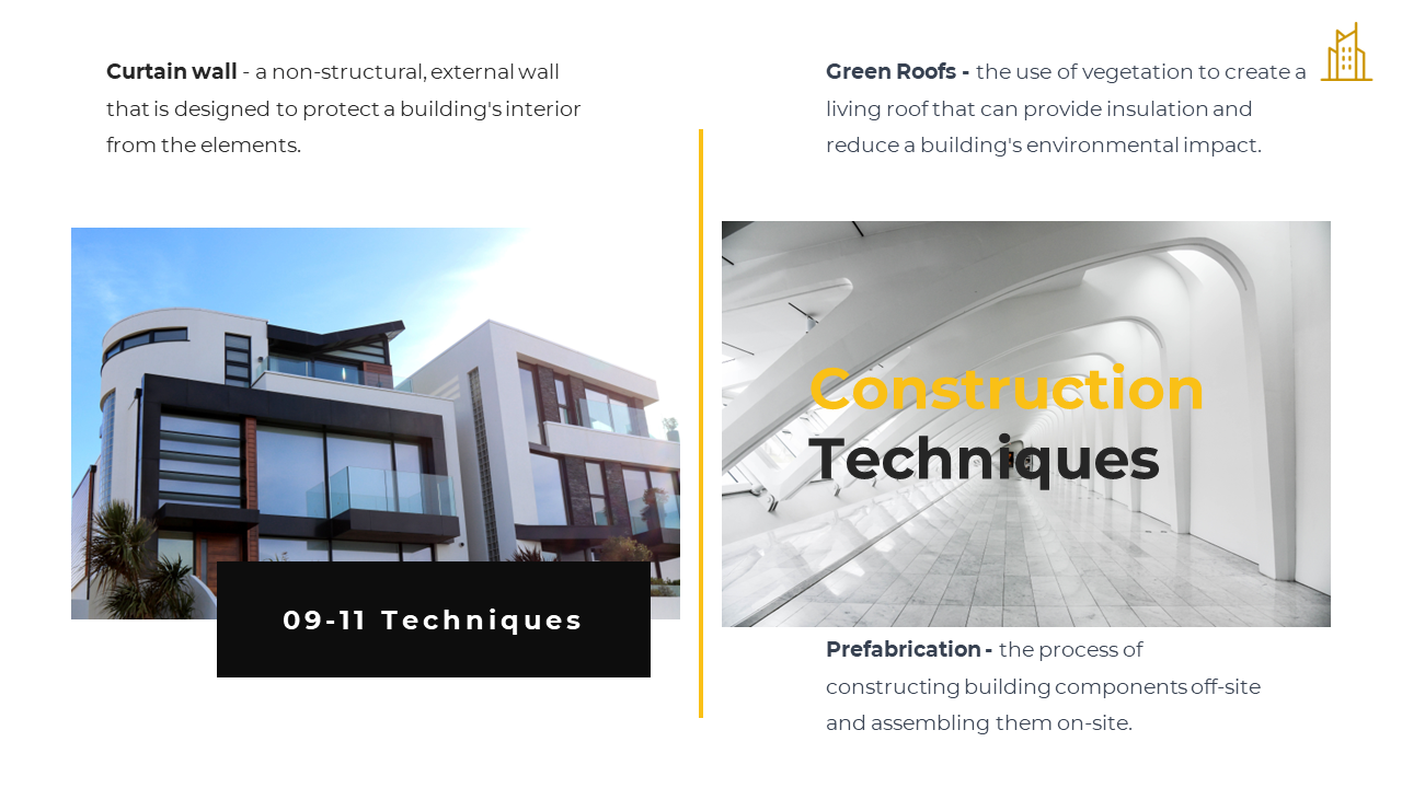 Slide featuring curtain walls, green roofs, and prefabrication as modern construction techniques on a white theme.