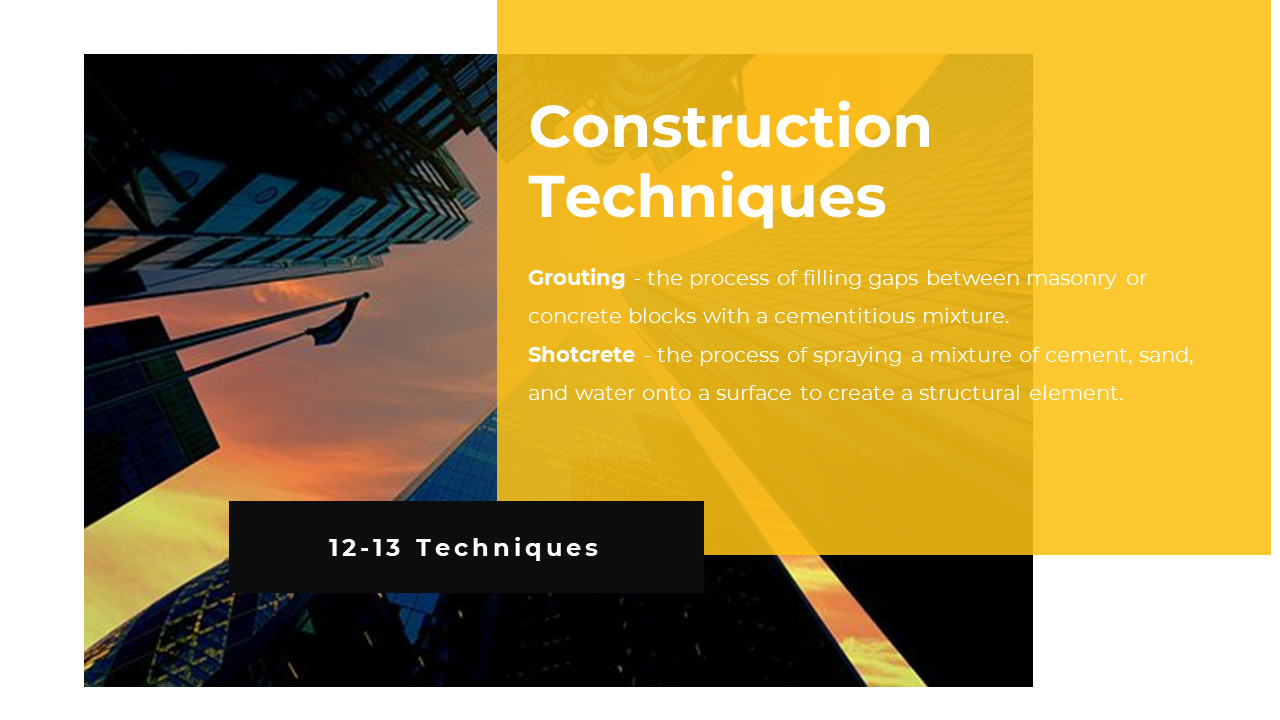 Yellow construction methods slide describing grouting and shotcrete, overlaid on an urban skyscraper image.
