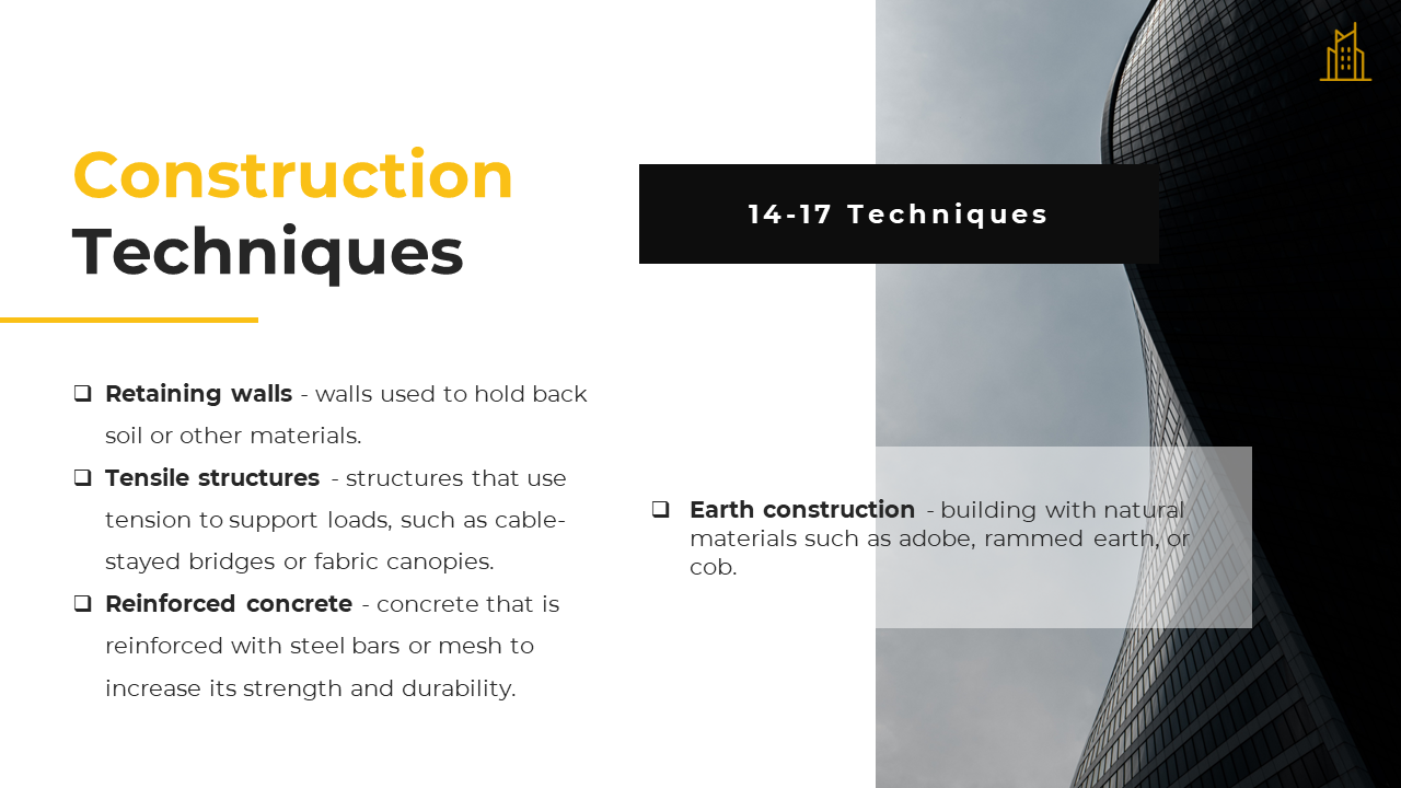 Construction techniques are explained alongside a cityscape showing curved glass architecture on a white backdrop.