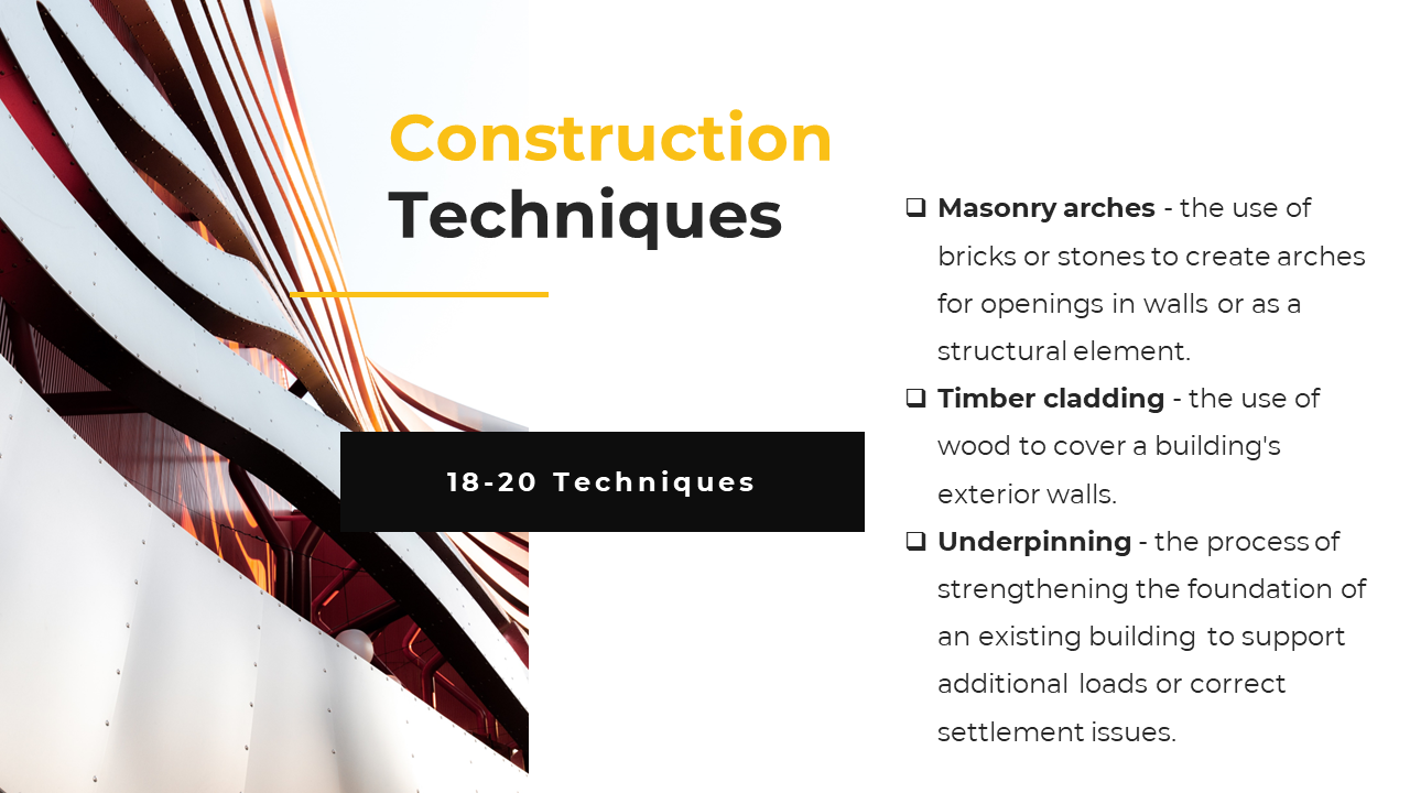 Construction methods 18 to 20 are listed alongside a modern facade featuring curving metal and glass panels in a white theme.