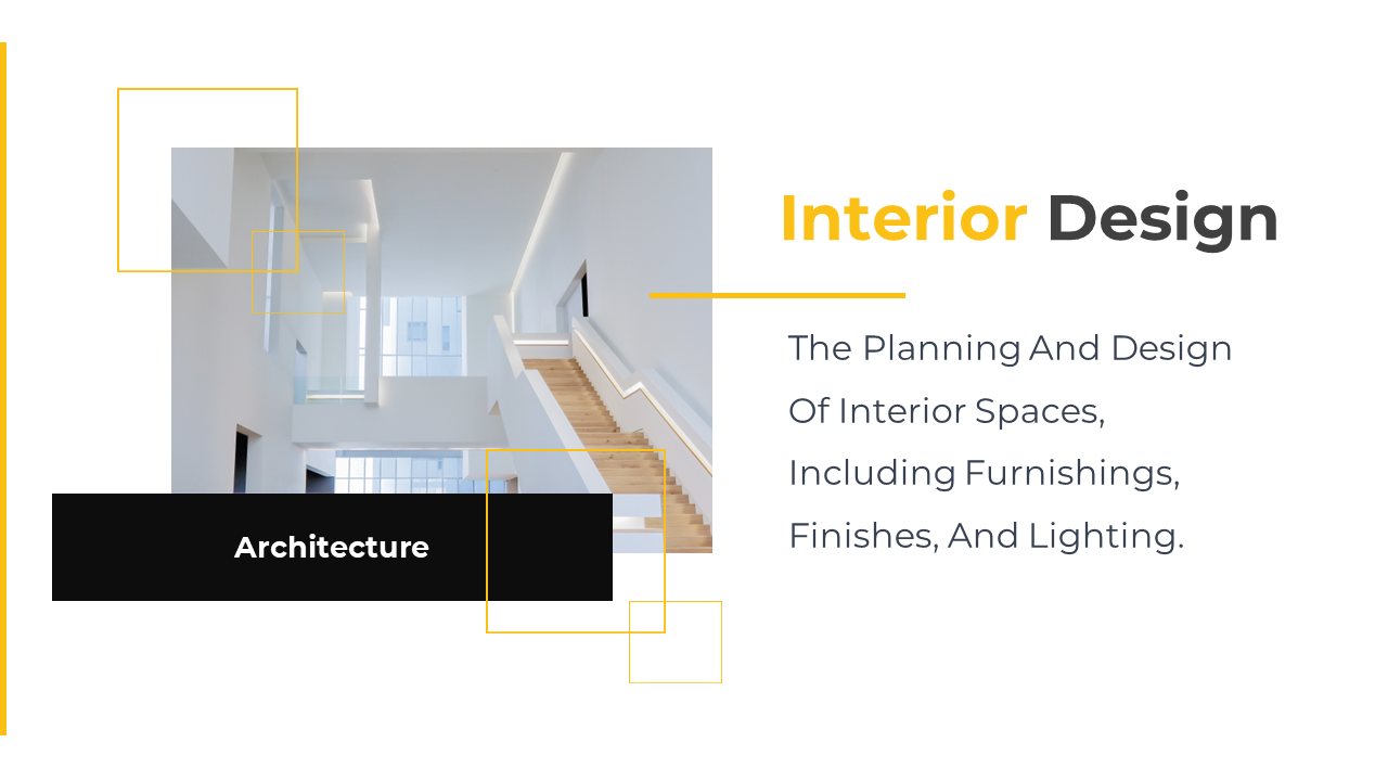 Interior design slide showcasing a modern staircase with text explaining the planning of spaces, furnishings, and lighting.