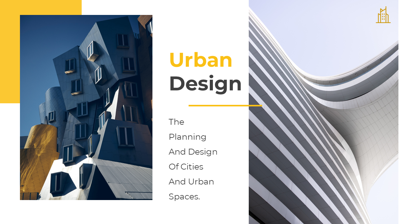 Urban design slide showing creative city architecture and text about planning cities and urban spaces.
