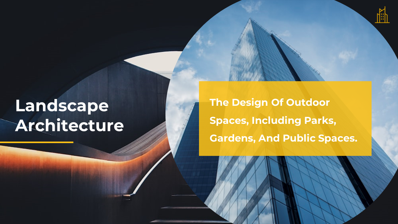 Slide on landscape architecture with images of modern structures and outdoor design elements on a dark backdrop.