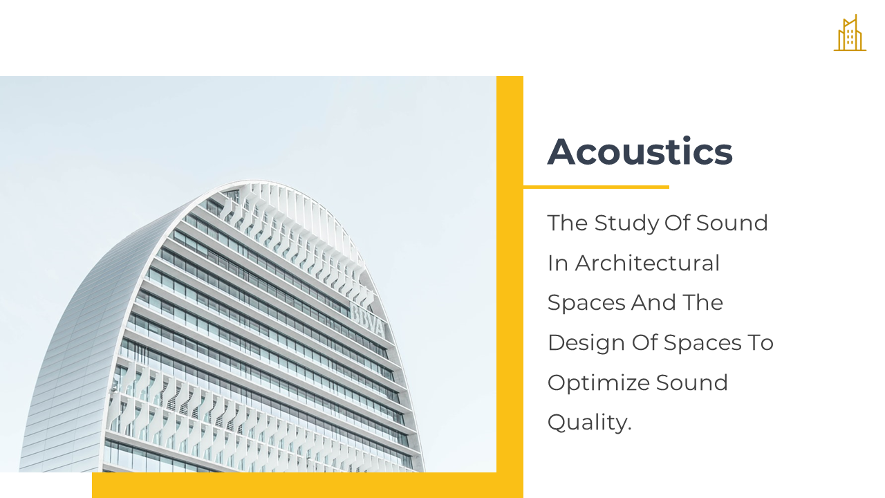 Modern curved building featured on a slide about architectural acoustics and optimizing sound quality on a white theme.