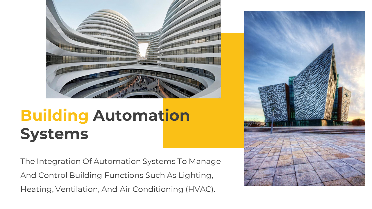Architecture slide with modern smart buildings representing building automation systems integration in a white theme.