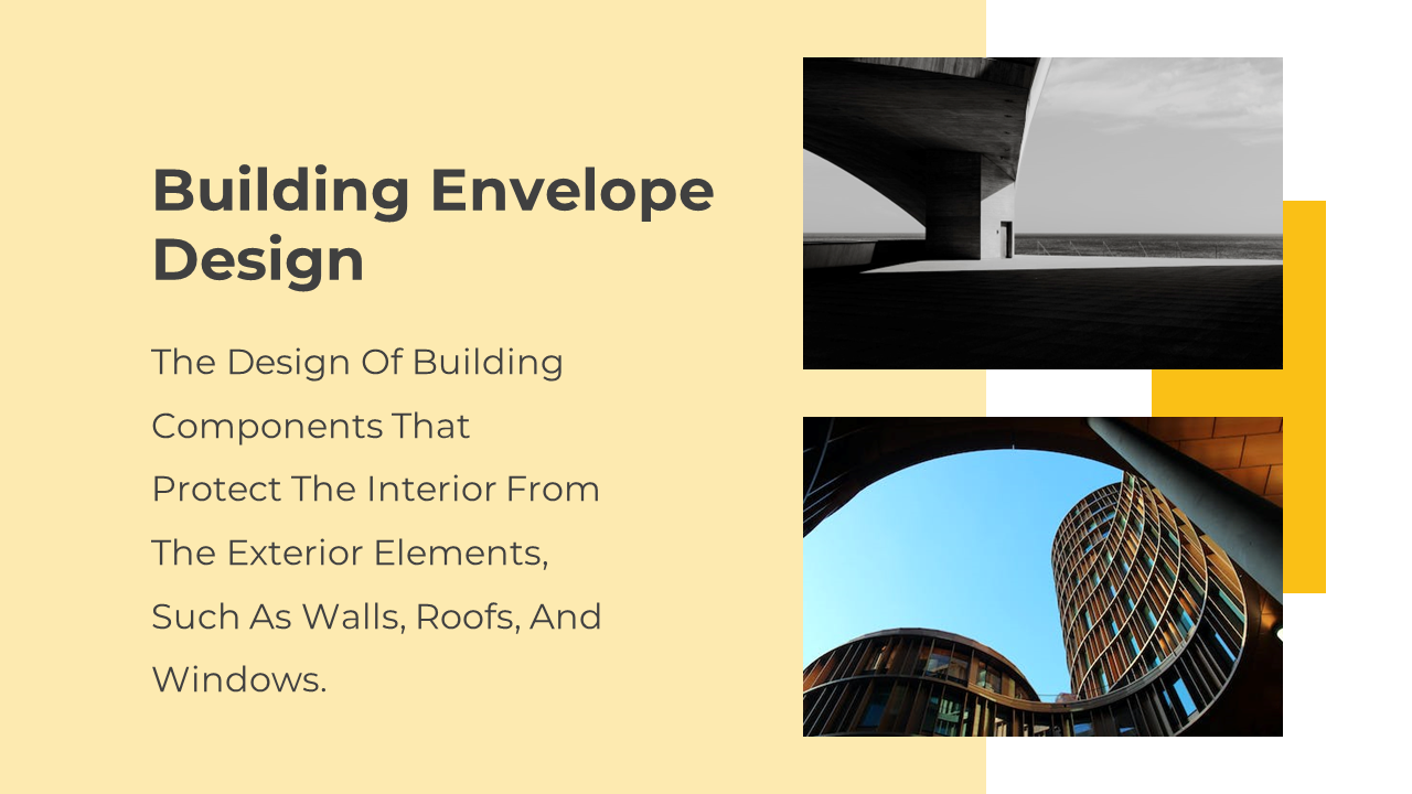 A slide showing innovative building envelopes with curved and angular exteriors for architectural protection.