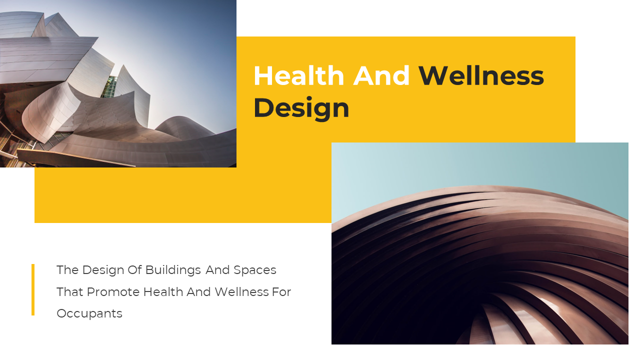 Abstract modern buildings symbolizing architecture that enhances occupant health and well being on a white and yellow theme.