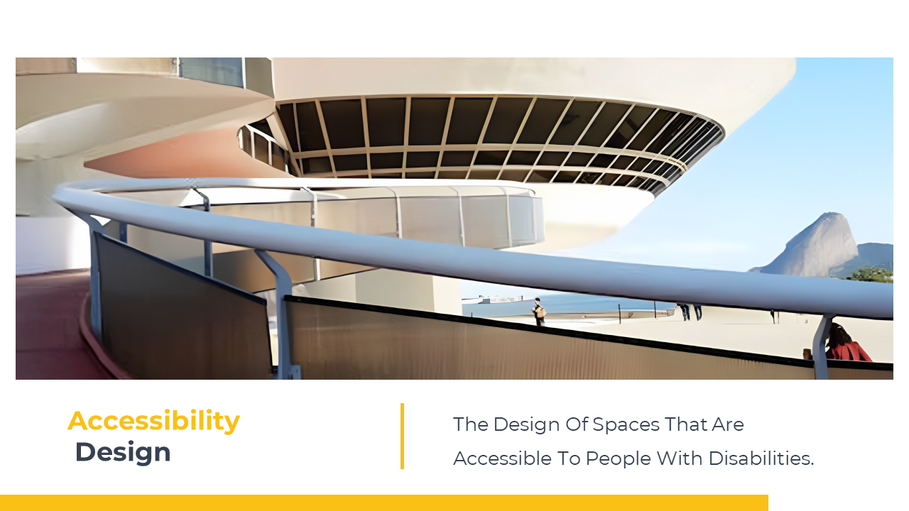 Modern architectural building with curved ramp showcasing accessible design for people with disabilities.