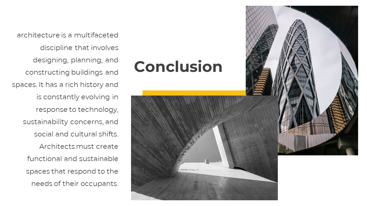 Minimalist layout showing a concrete arch structure and a high rise building with diagonal window patterns, alongside text.