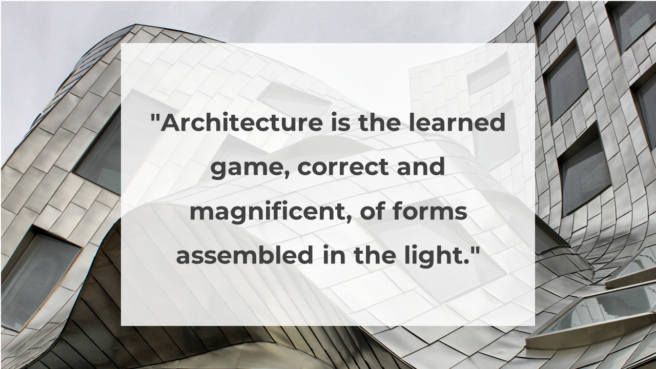 Modern metallic building with irregular curves overlaid with an architectural quote in a translucent white box.