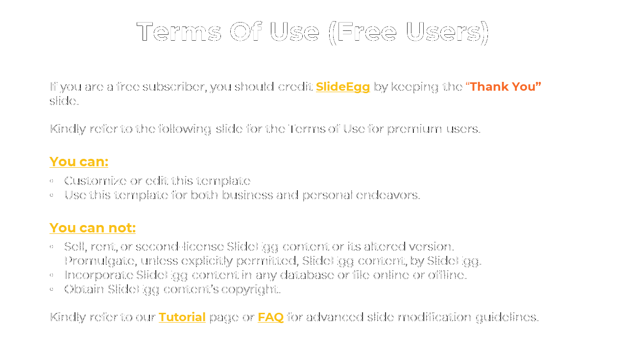 Slide outlining the terms of use for free users of SlideEgg, including usage rights and restrictions on a white backdrop.