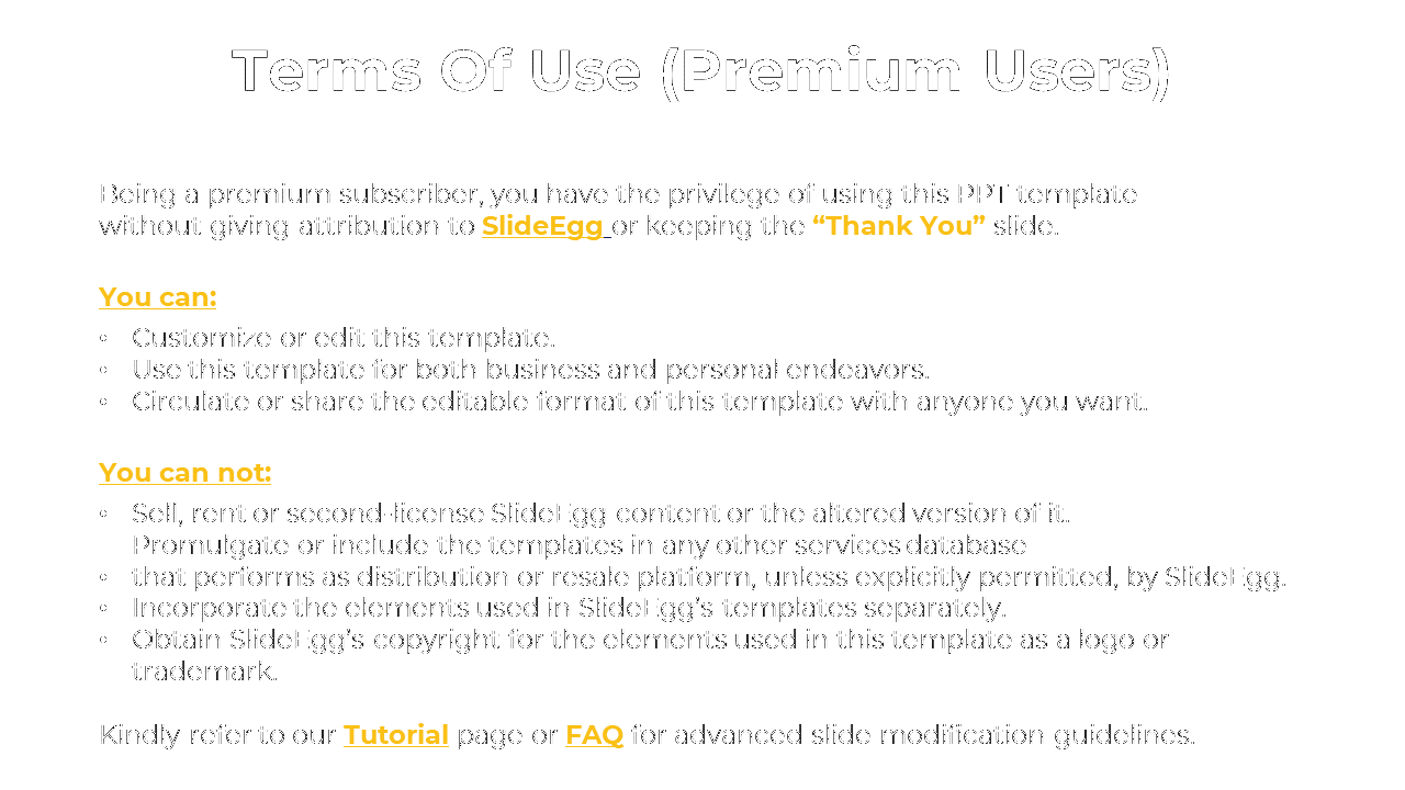 Slide outlining the terms of use for premium SlideEgg users, including rights to edit and share templates in a white theme.