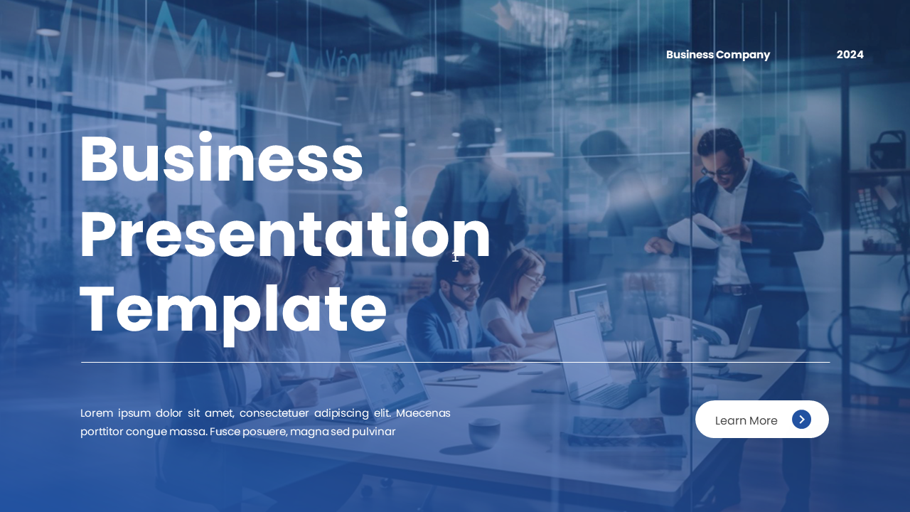 Modern business presentation cover slide featuring professionals working in a glass walled office on a blue backdrop.