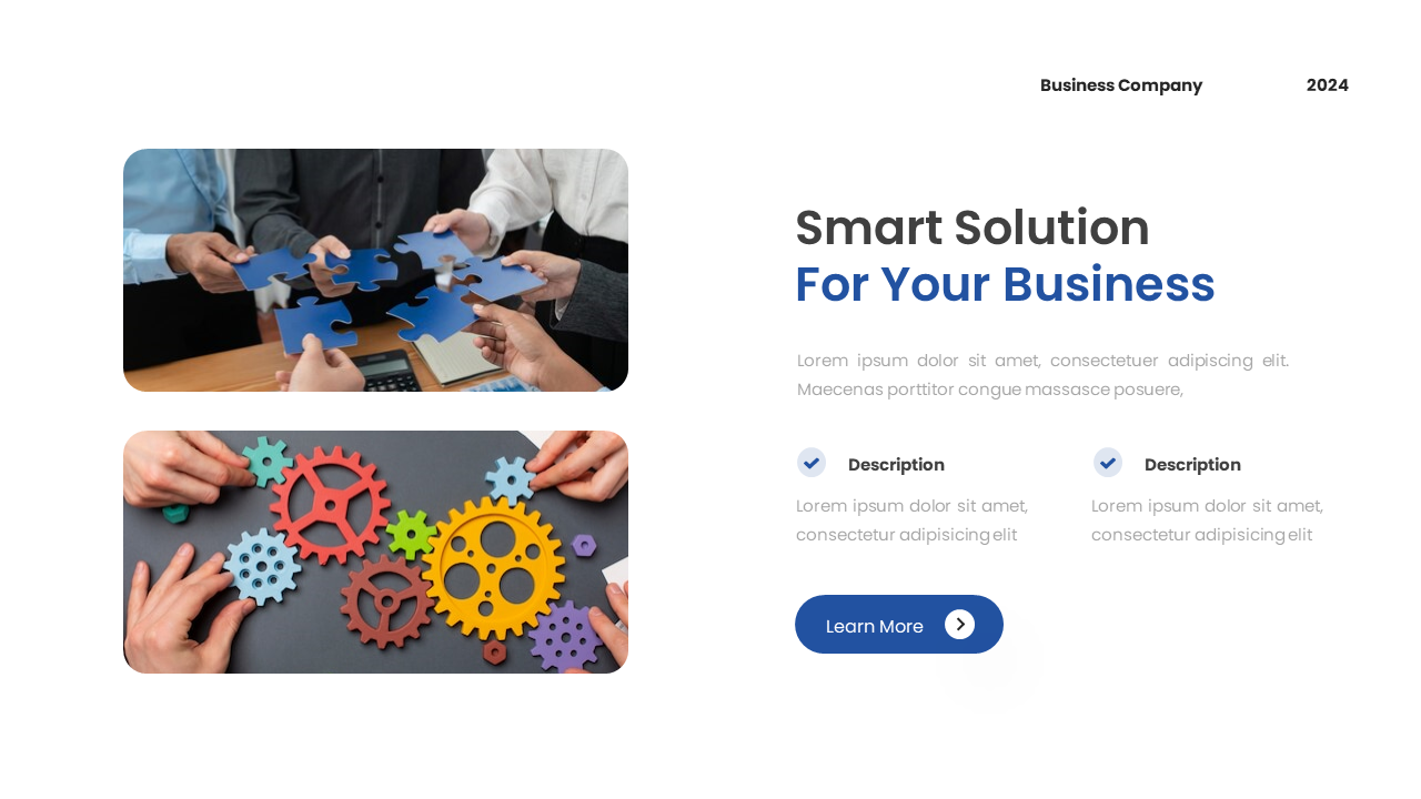 Hands collaborating with puzzle pieces and colorful gears symbolize smart business solutions on a white backdrop.