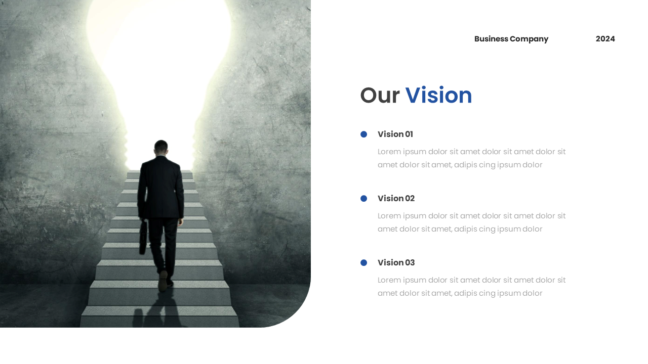 A businessman walks upstairs toward a glowing lightbulb shaped opening, symbolizing vision and innovation in white theme.