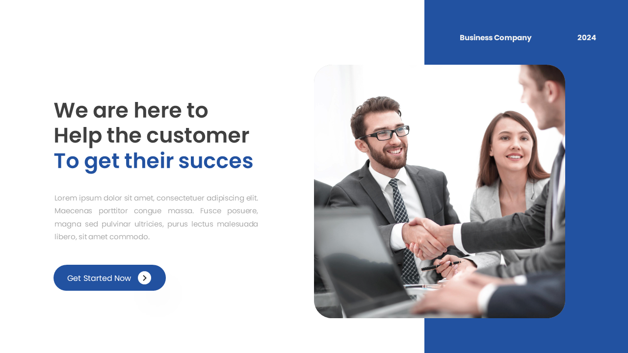 Smiling businessman shaking hands with a client during a successful meeting on a white and blue backdrop.