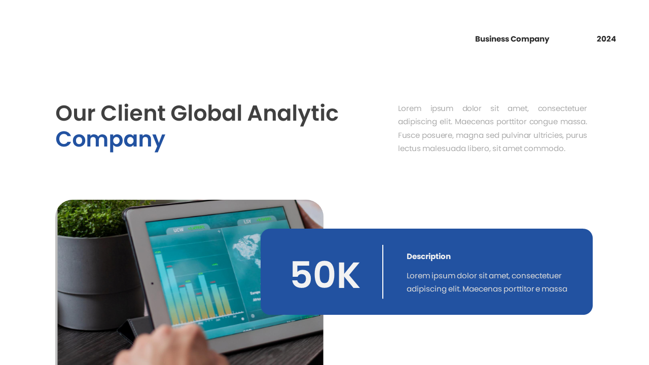 Tablet displaying global analytics dashboard with charts and data visualizations on a white and blue backdrop.