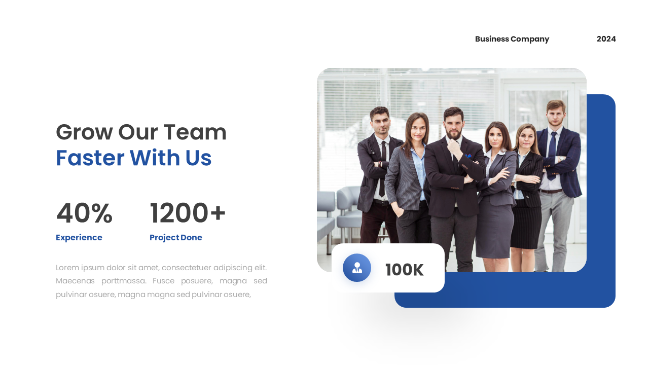 Group of confident business professionals posing together in a modern office space on a white and blue backdrop.