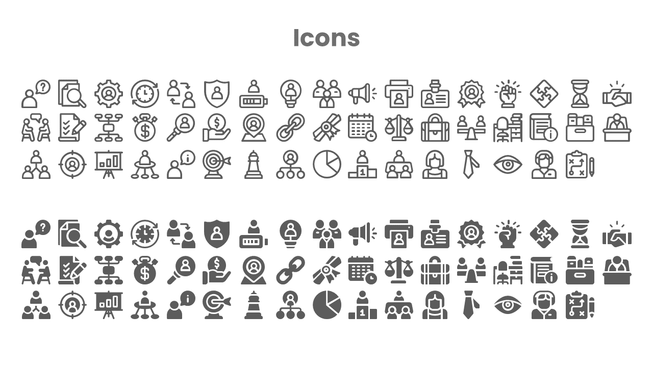 Collection of business related icons including gears, charts, light bulbs, magnifying glass, and handshake symbols.