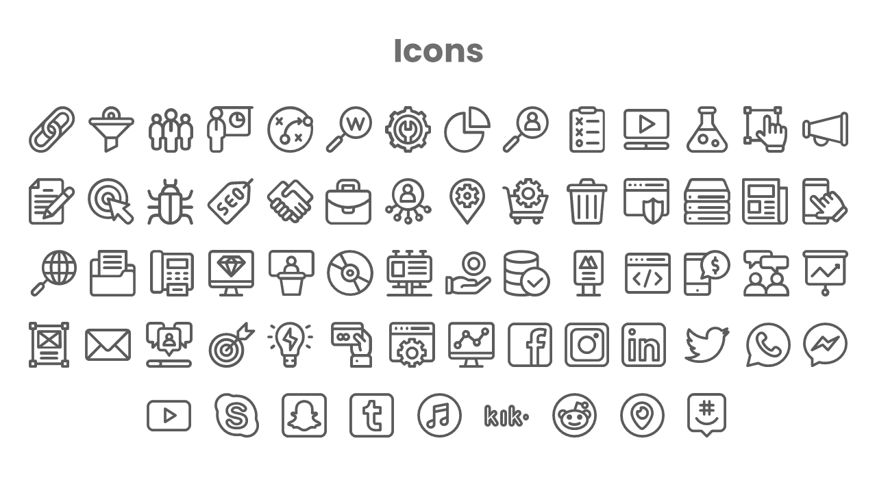 Variety of outlined icons featuring business tools, social media logos, analytics, SEO, and user interface elements.