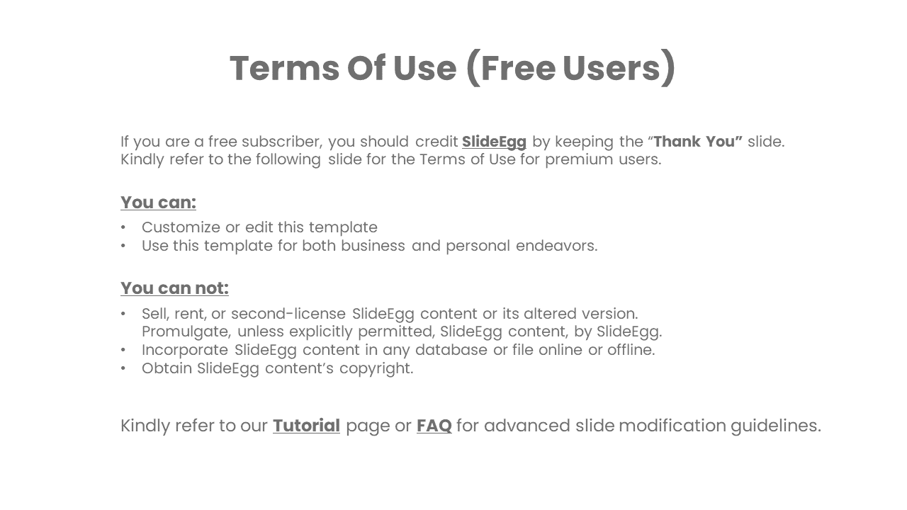 Slide showing terms for free users of SlideEgg, including guidelines on customization, use, and content restrictions.