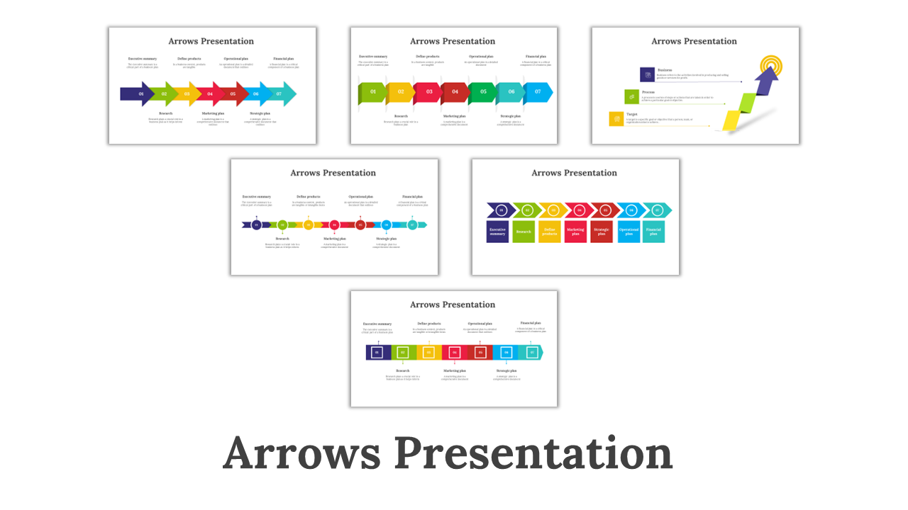 Collage of arrow themed presentation slides, showing steps in different layout designs on a white backdrop.