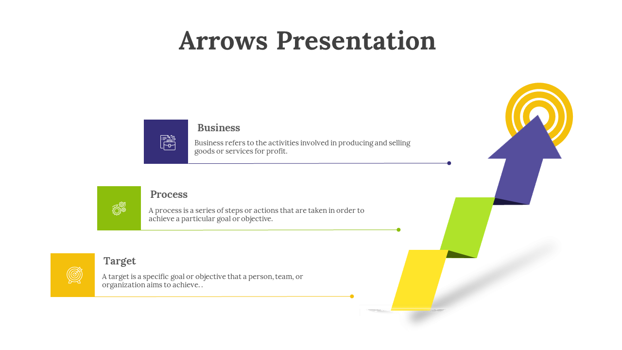 Business presentation slide with arrows illustrating key concepts business activities, process steps, and target goals.