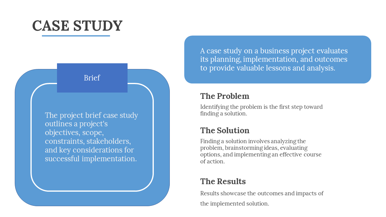 Case study slide with a project brief section covering project objectives, scope, and constraints on a blue and white theme.