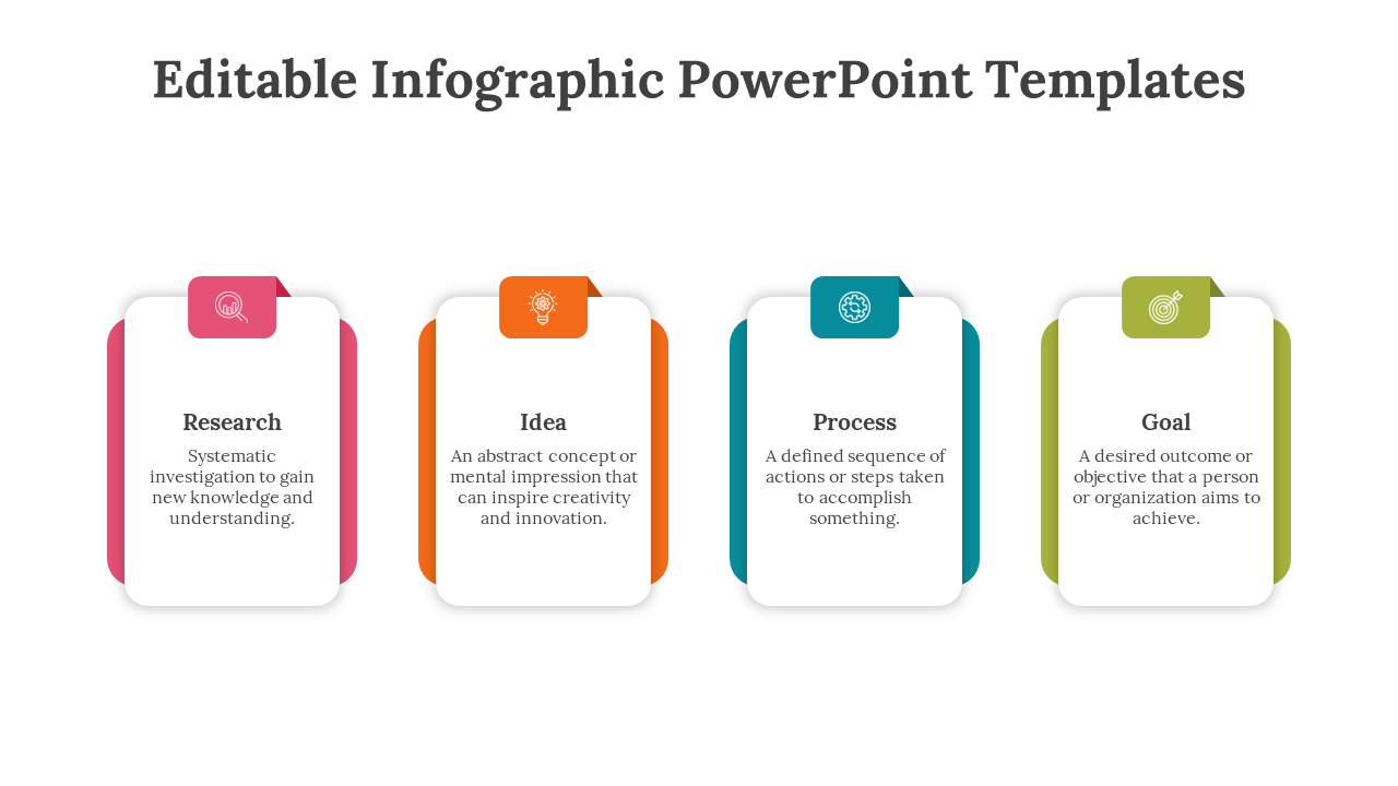 Four rectangular blocks with top edges in pink, orange, teal, and green, each containing an icon and a description.