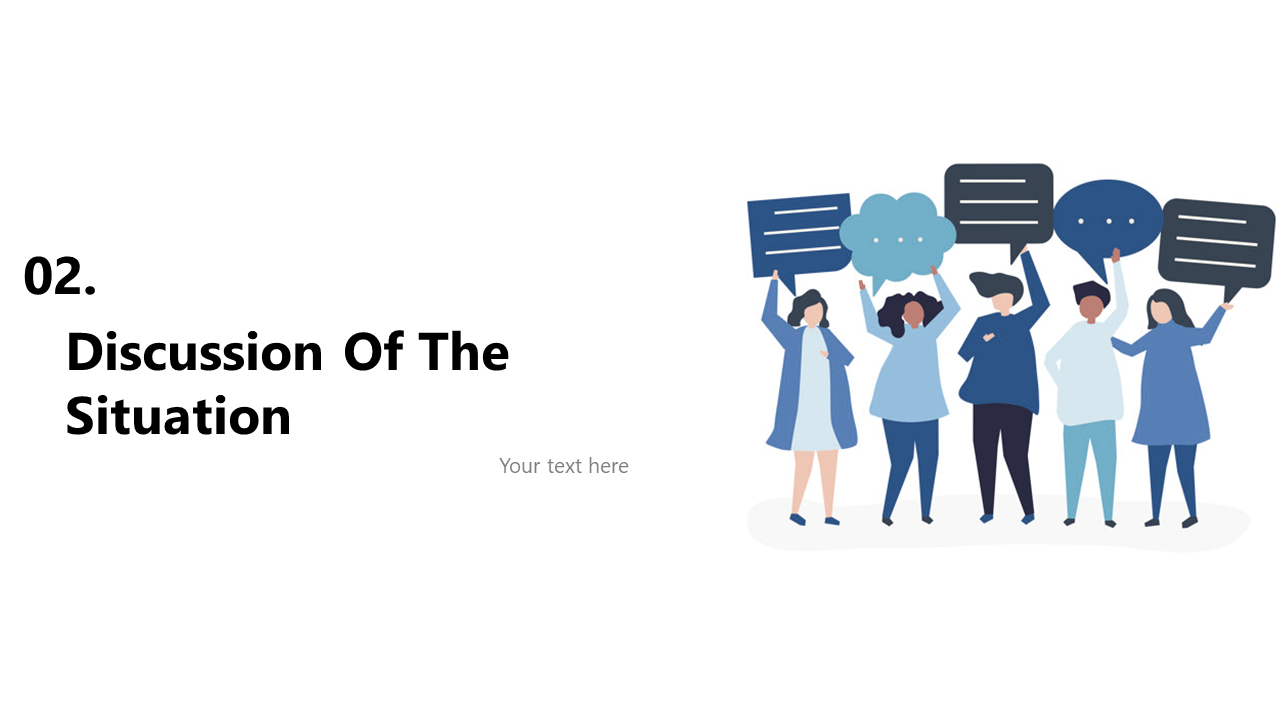 Discussion of the situation slide with an illustration of five people holding speech bubbles on a white backdrop.