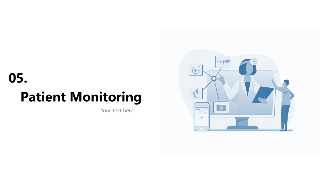 Patient monitoring slide featuring a doctor and patient interacting through a digital screen with health data charts.