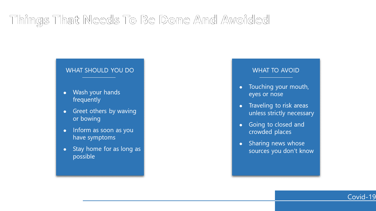 Side by side comparison of what should you do and what to avoid related to COVID 19 prevention on a blue and white backdrop.