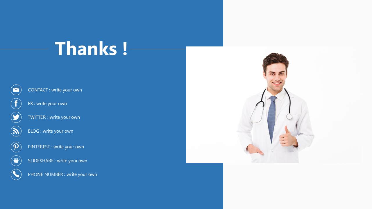 Doctor in white coat smiling and giving a thumbs up next to contact and social media information in blue and white backdrop.