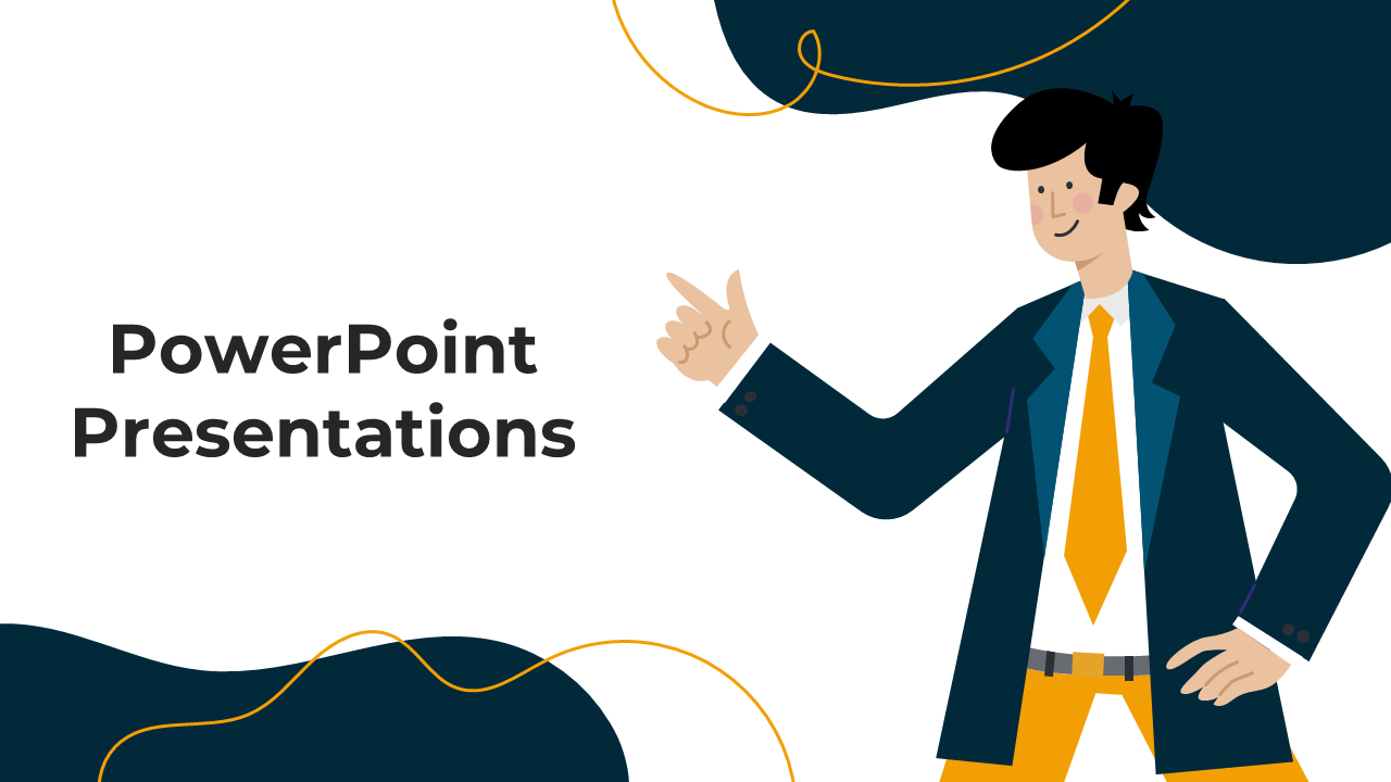 Blue and white cartoon style image of a man in business attire, gesturing toward the words PowerPoint Presentation.