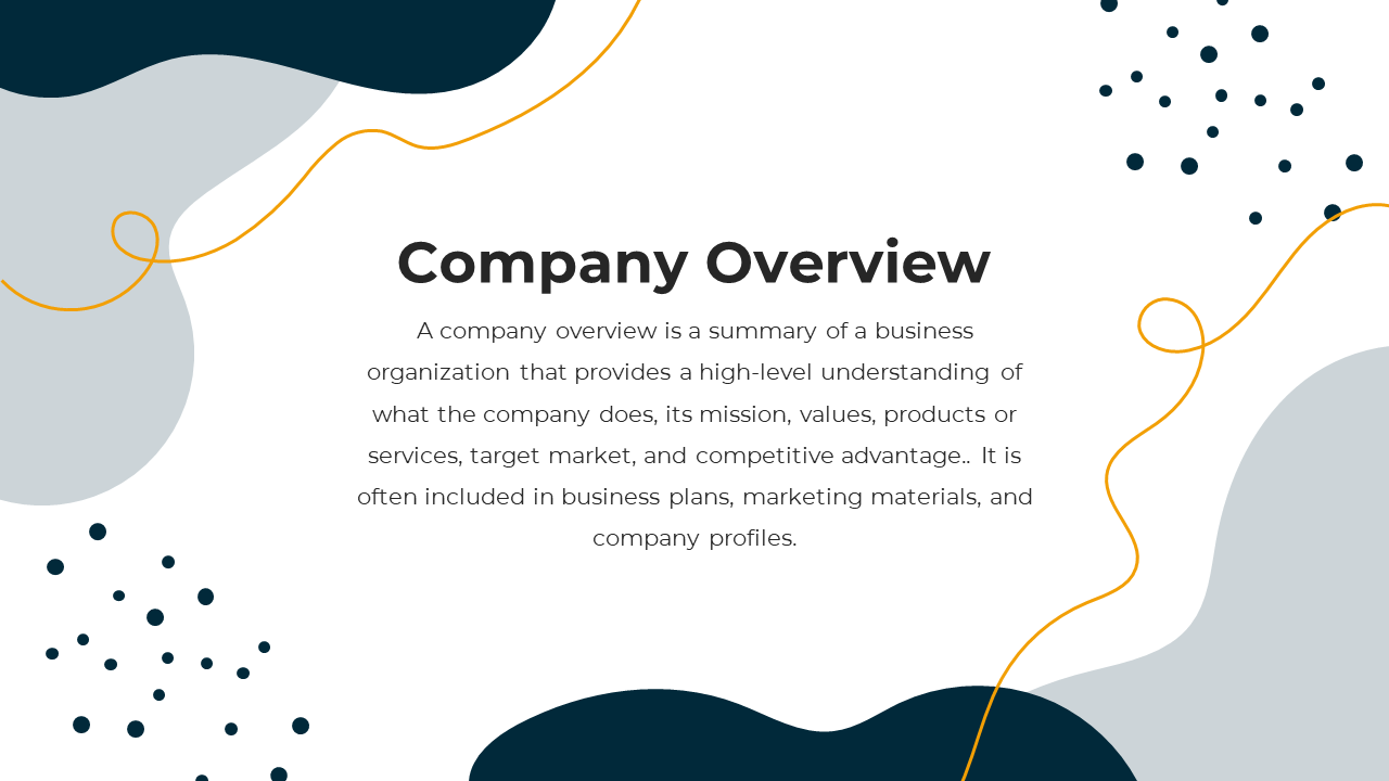 Slide presenting a company overview, including key details on the company’s mission on a blue and white backdrop.