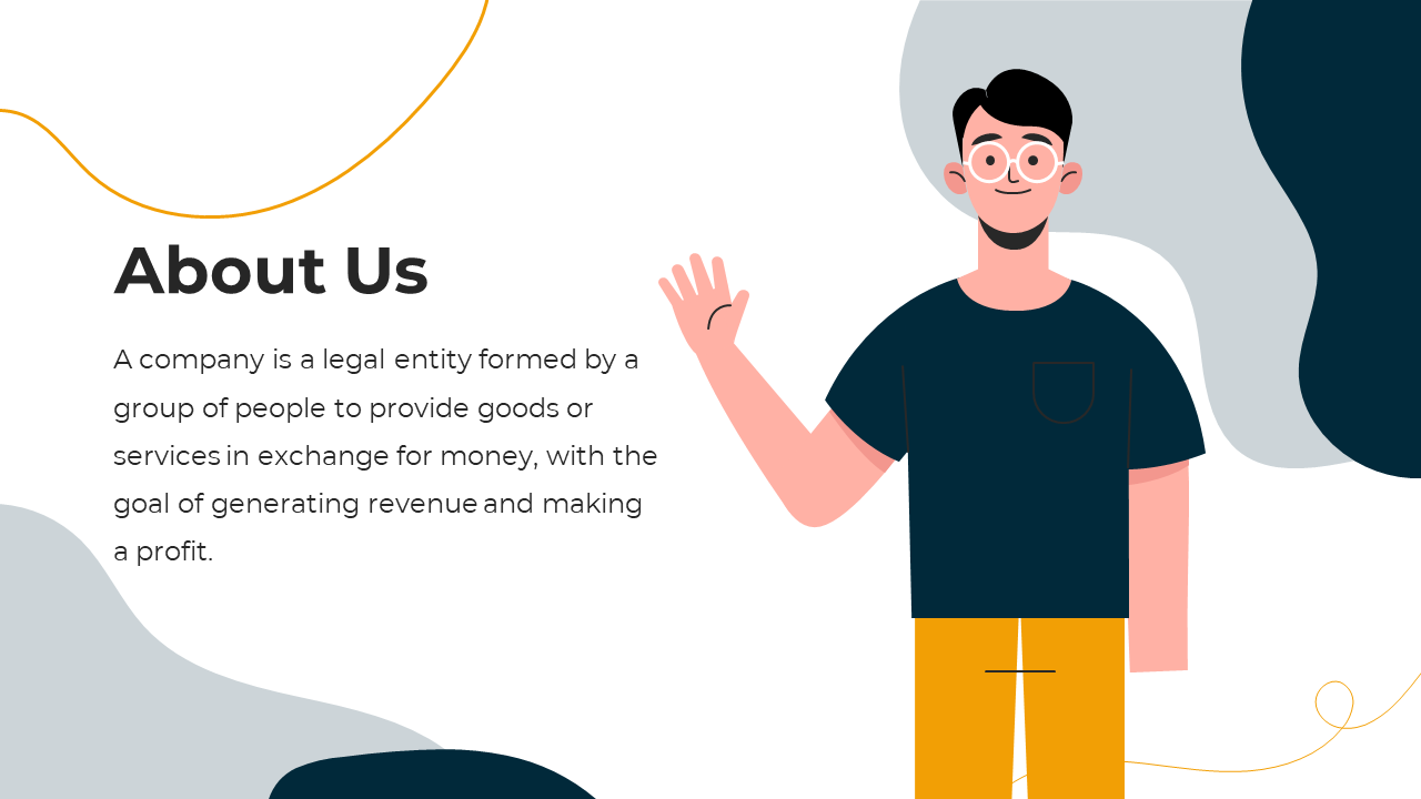 An illustration of a man in a casual shirt and orange pants, waving next to the text About Us explaining what a company is.
