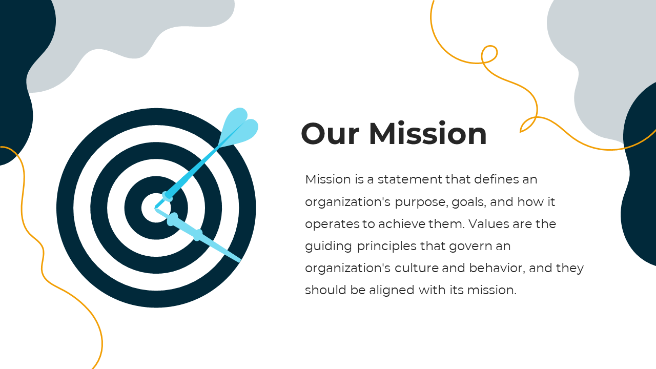 A slide explaining an organization's mission, with a focus on purpose, goals, and the importance of values on a white theme.