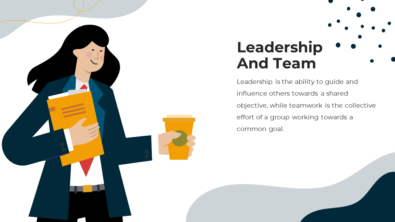 An illustrated woman in business attire holding a folder and coffee, explaining leadership and teamwork concepts.