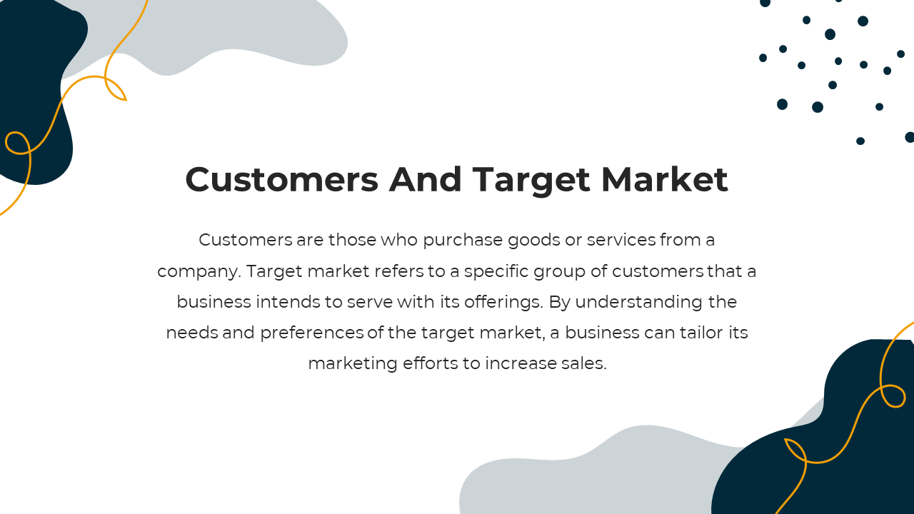 Customers and target market explaining the difference with a description on a white and blue, grey backdrop.