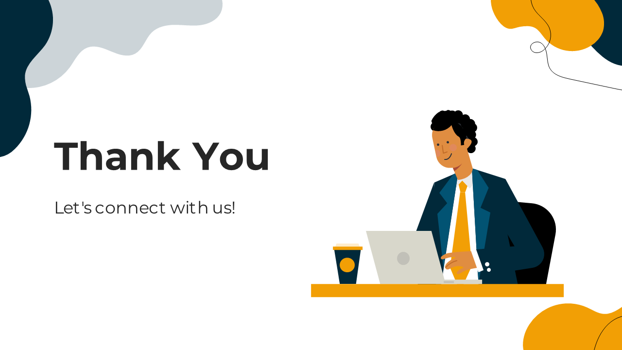 A man sitting at a desk with a laptop and coffee cup, smiling and reading the thank you slide with the message.