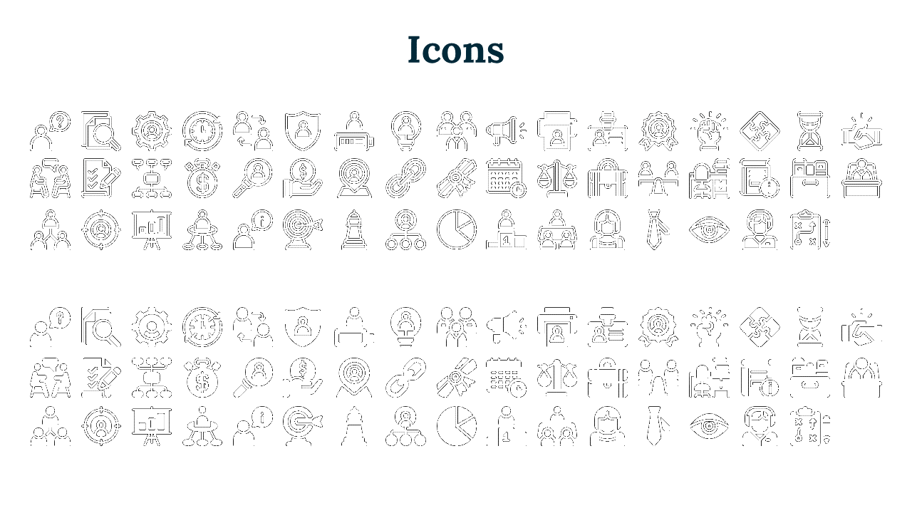 A set of business related icons, including those for teamwork, analysis, marketing, and security functions on a white theme.