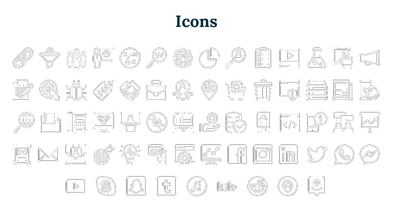 Grid of black and white icons representing business related concepts such as SEO, marketing, social media, and tools.