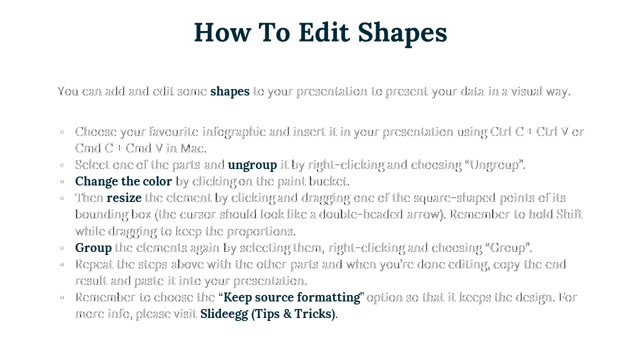 Instructions for editing shapes in PowerPoint, explaining how to ungroup, change color, resize, and group elements.