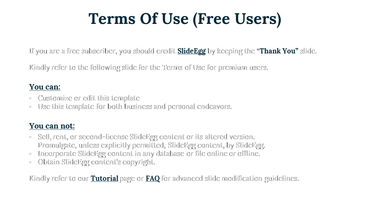 Terms of use for free subscribers, including guidelines for customizing templates and the requirement to credit SlideEgg.