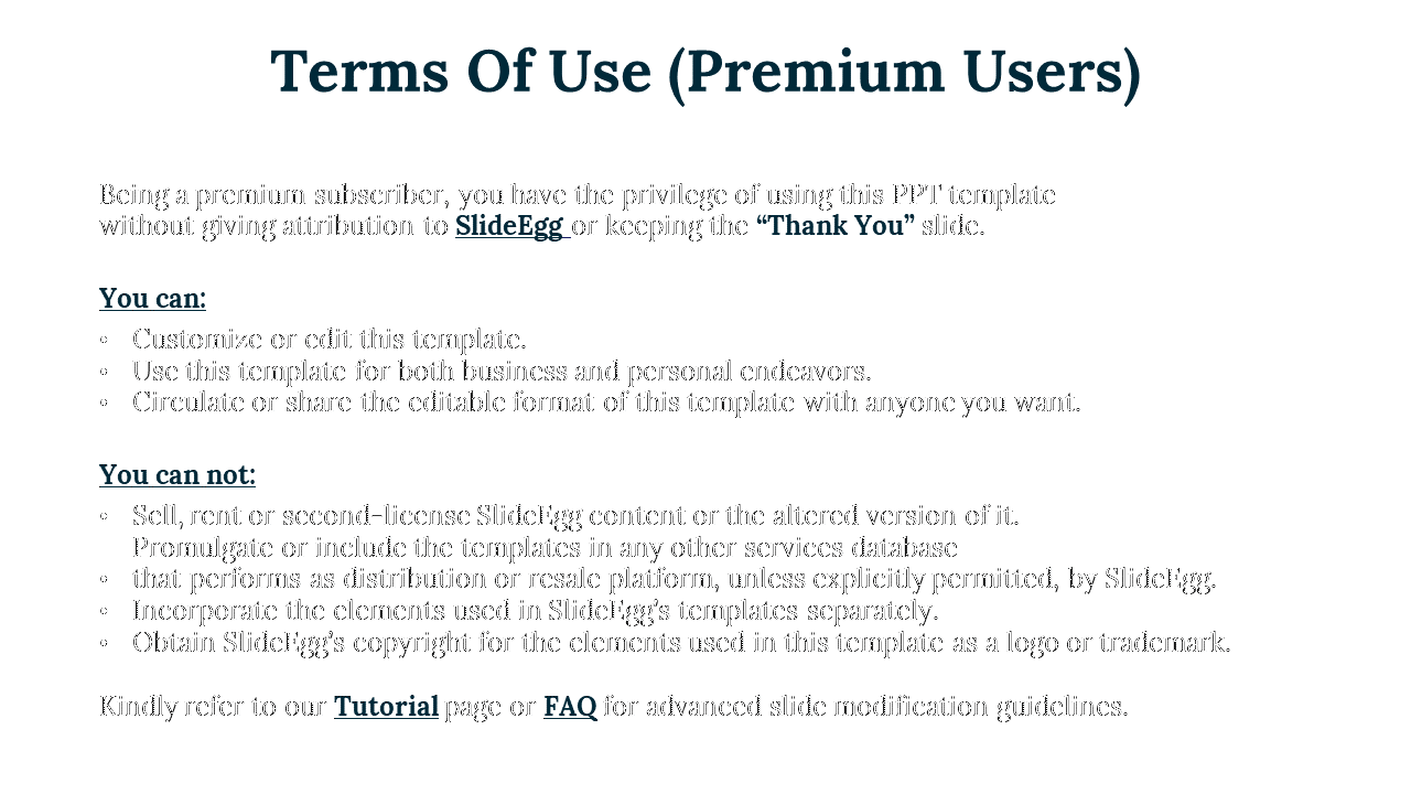 Terms of use for premium subscribers, outlining rights to customize and circulate SlideEgg templates without attribution.