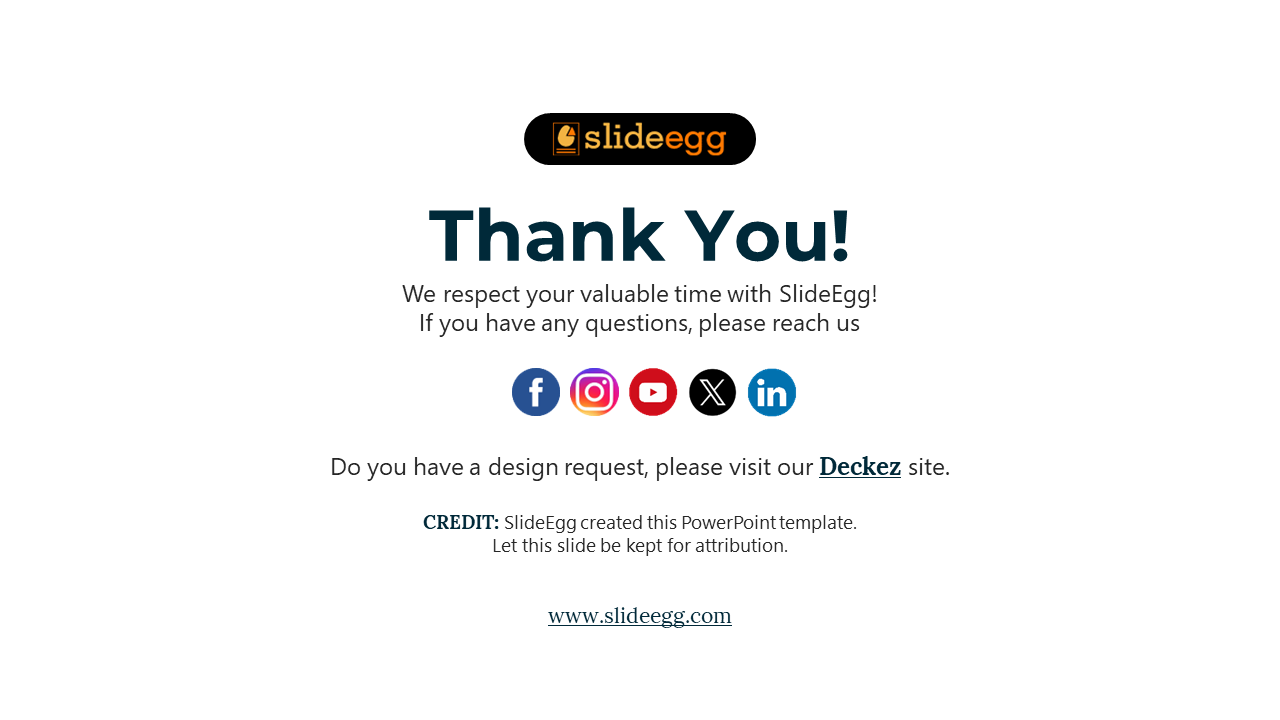 Thank you slide from SlideEgg, with social media links and credit for the PowerPoint template on a white backdrop.